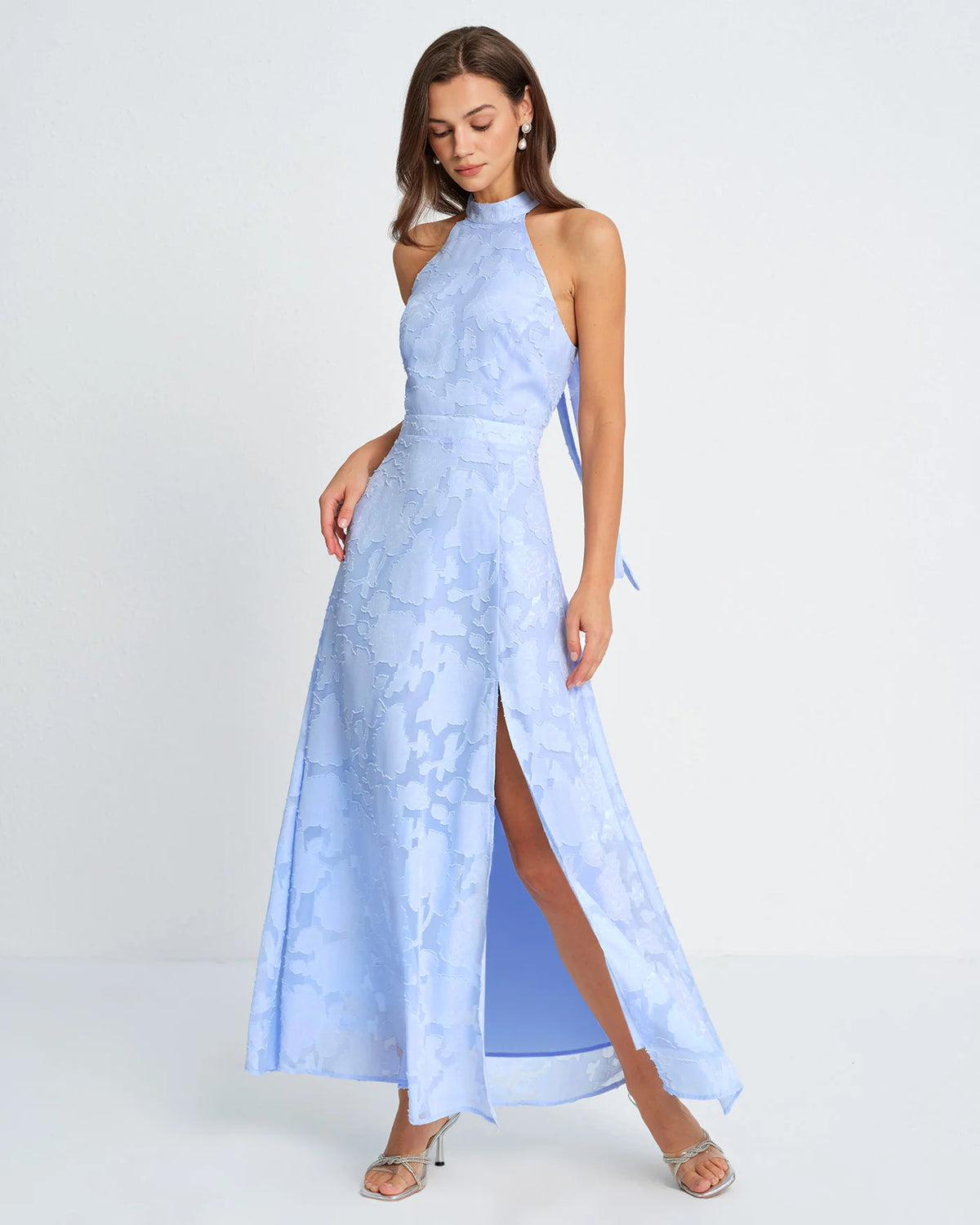 Blue Mock Neck Jacquard Maxi Dress