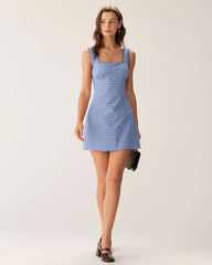 Blue Plaid Square Neck Slip Mini Dress