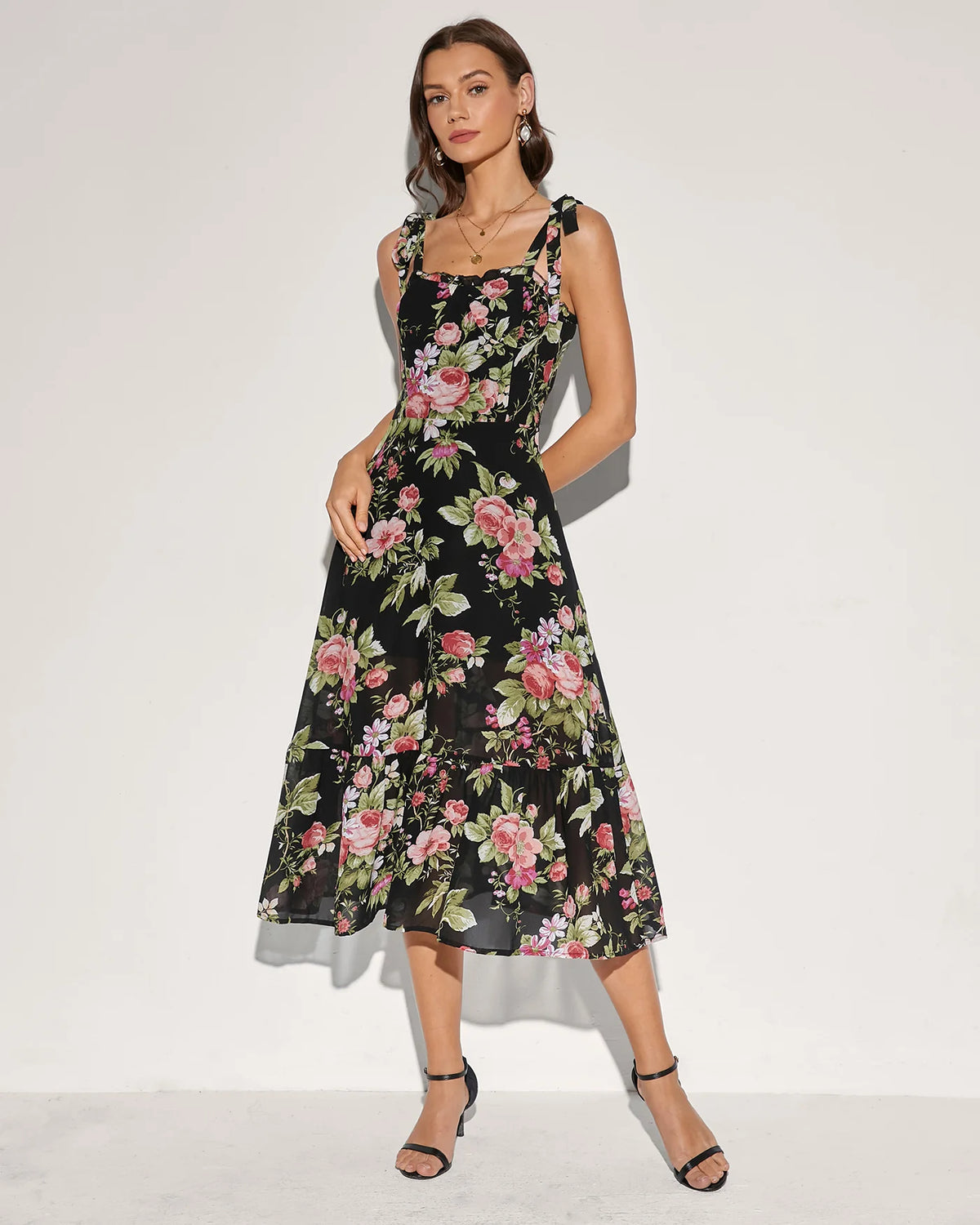 Black Floral Tie Strap Midi Dress