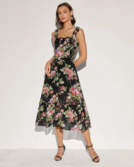 Black Floral Tie Strap Midi Dress