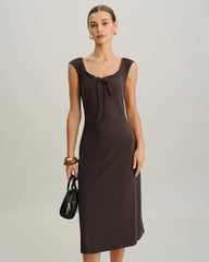 Brown Boat Neck Cap Sleeve Midi Dress