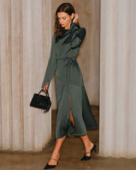 Green Satin Cowl Neck Slit Midi Dress