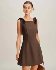 Coffee Boat Neck Tie Strap Mini Dress