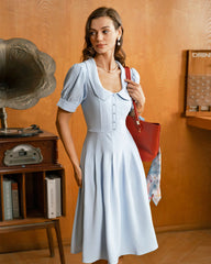 Blue U Neck Puffed Sleeve Pleated Midi Dress