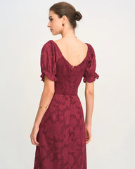 Wine Red Jacquard Slit Midi Dress