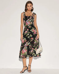 Black Floral Tie Strap Midi Dress