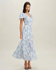 Blue Floral V Neck Button Maxi Dress