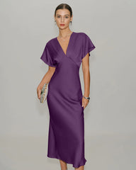 Purple Satin Cowl Sleeve Midi Dress
