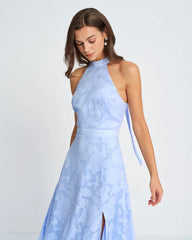 Blue Mock Neck Jacquard Maxi Dress