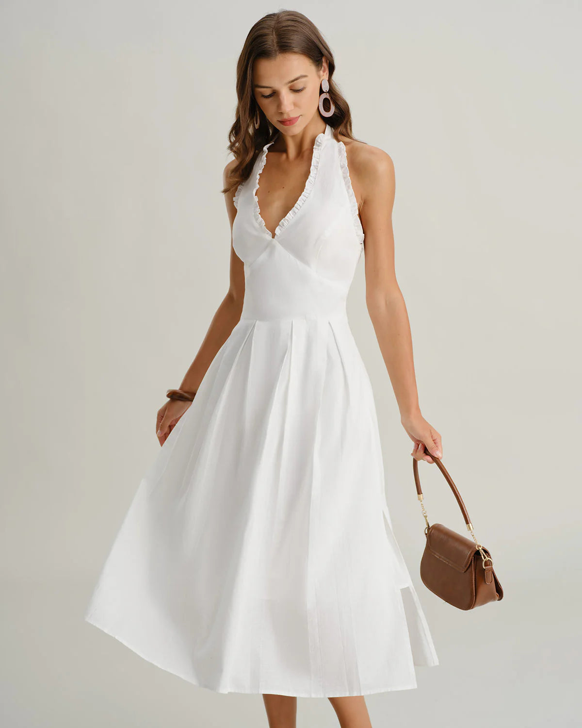 White V Neck Halter Sleeveless Midi Dress