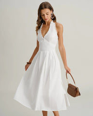 White V Neck Halter Sleeveless Midi Dress