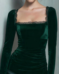 Green Velour Square Neck Mini Dress