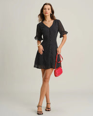 Black Polka Dot V Neck Ruffle Mini Dress