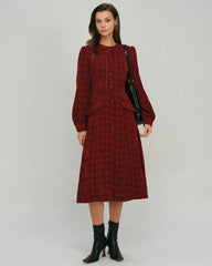 Red Lantern Sleeve A-Line Midi Dress