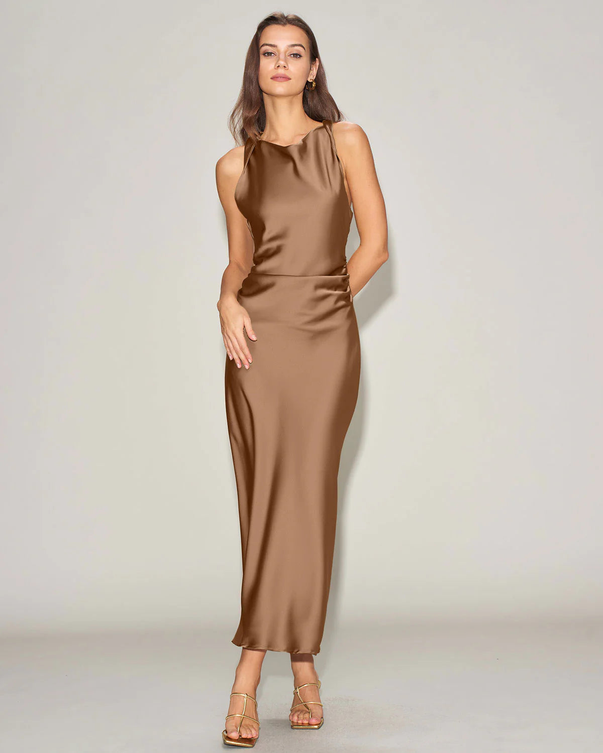Coffee Satin Boat Neck Slip Midi Dress
