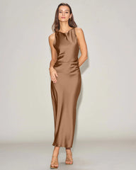 Coffee Satin Boat Neck Slip Midi Dress