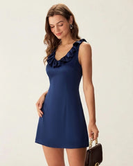 Navy V Neck Satin Mini Dress
