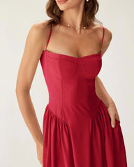 Red Square Neck Pocket Slip Midi Dress