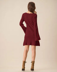 Wine Red Bell Sleeve A-Line Sweater Dress