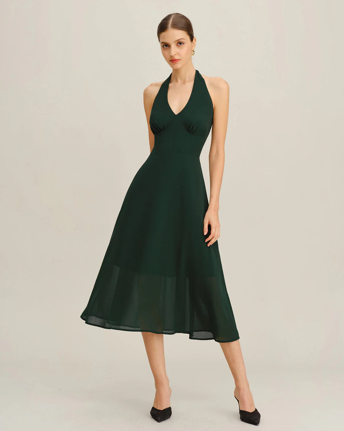 Green Chiffon A-Line Halter Midi Dress