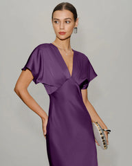 Purple Satin Cowl Sleeve Midi Dress