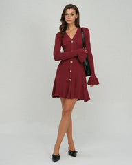 Wine Red Bell Sleeve V Neck Sweater Dress