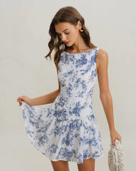 Blue Floral Boat Neck Sleeveless Mini Dress