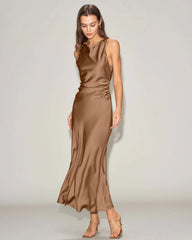 Coffee Satin Boat Neck Slip Midi Dress