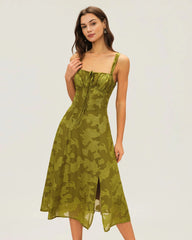 Green Square Neck Jacquard Midi Dress