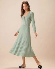 Green V Neck Viscose Sweater Dress