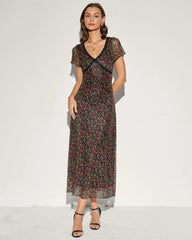 Black V Neck Floral Lace Midi Dress