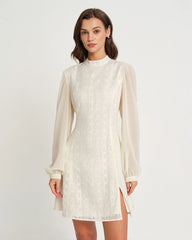 Beige Chiffon Mock Neck Mini Dress