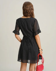 Black Polka Dot V Neck Ruffle Mini Dress