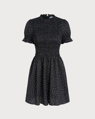 Black Polka Dot Shirred Mini Dress