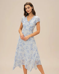 Blue V Neck Floral Midi Dress