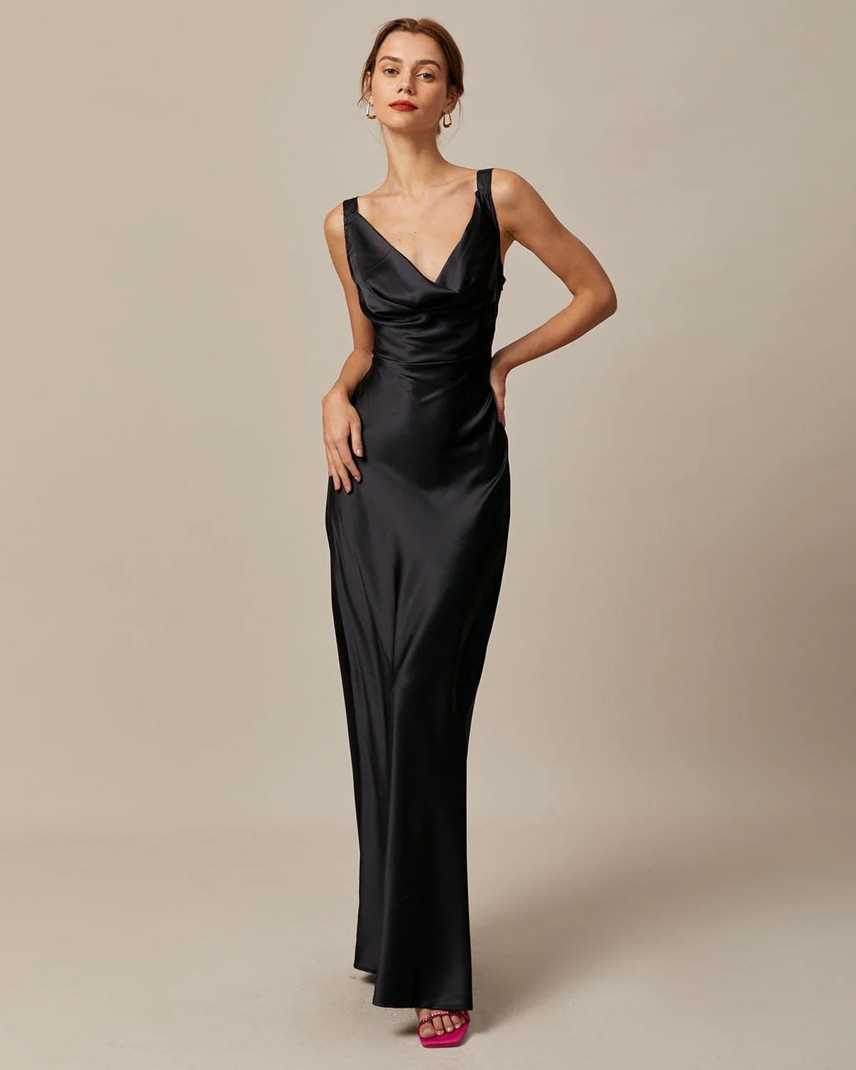 The Black Cowl Neck Sheath Satin Maxi Dress