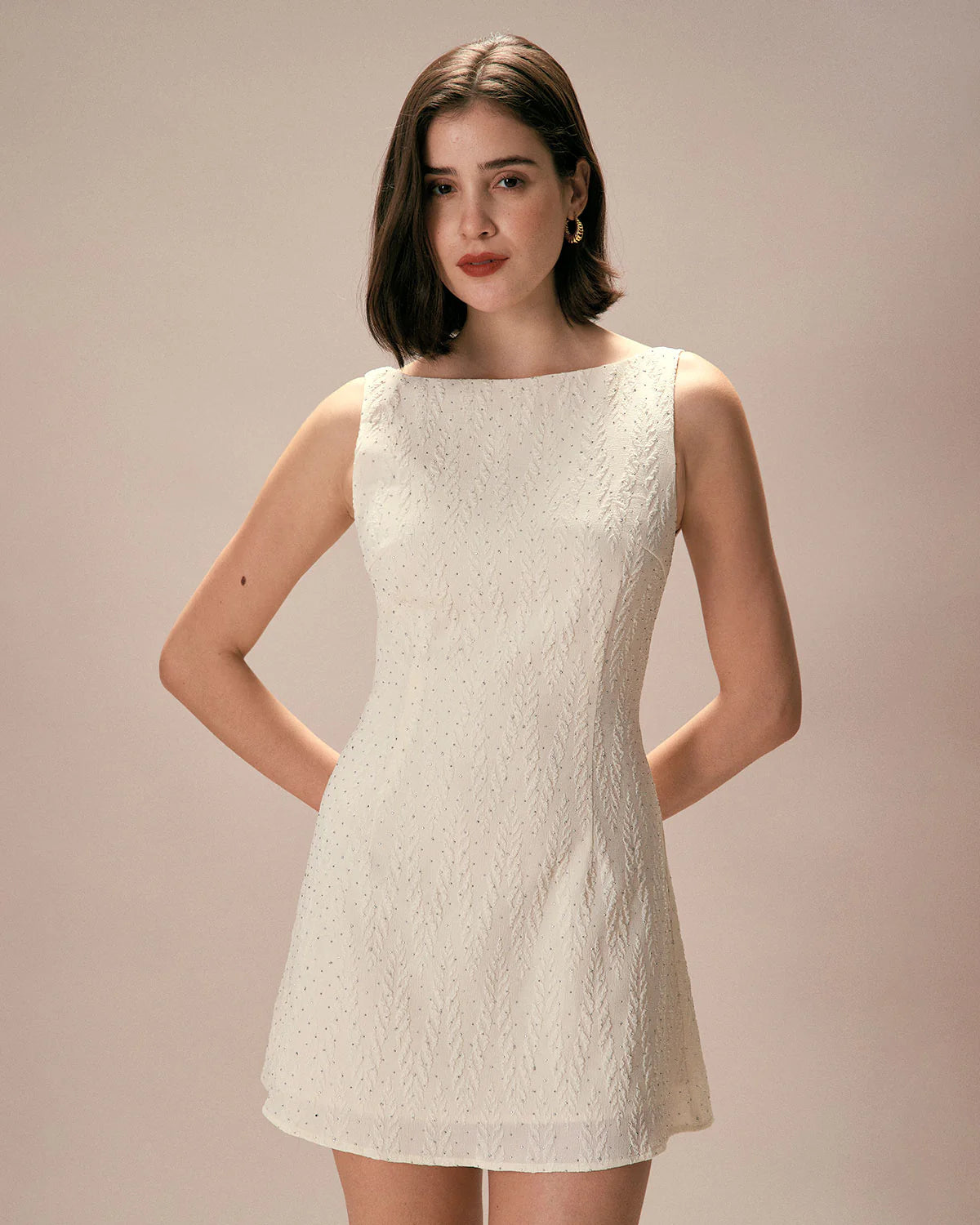 The Beige Boat Neck Textured Mini Dress