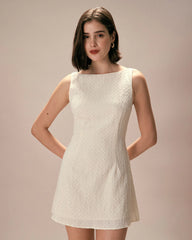 The Beige Boat Neck Textured Mini Dress