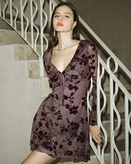Purple V Neck Floral Mini Dress