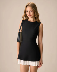 Women's Black Splicing Pleated Mini Dress