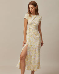 The Yellow Round Neck Floral Midi Dress