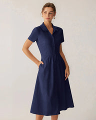 Navy Pocket Short Sleeve Midi Dress