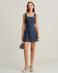 Navy Floral Square Neck Slip Mini Dress