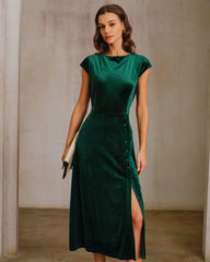 Green Velour A-Line Midi Dress