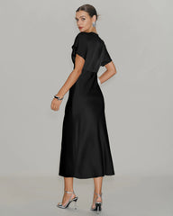 Black Satin Cowl Sleeve Midi Dress