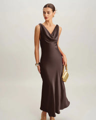 Coffee Satin Cowl Neck Maxi Dress