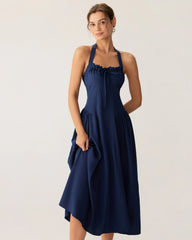 Navy Ruched Halter Midi Dress