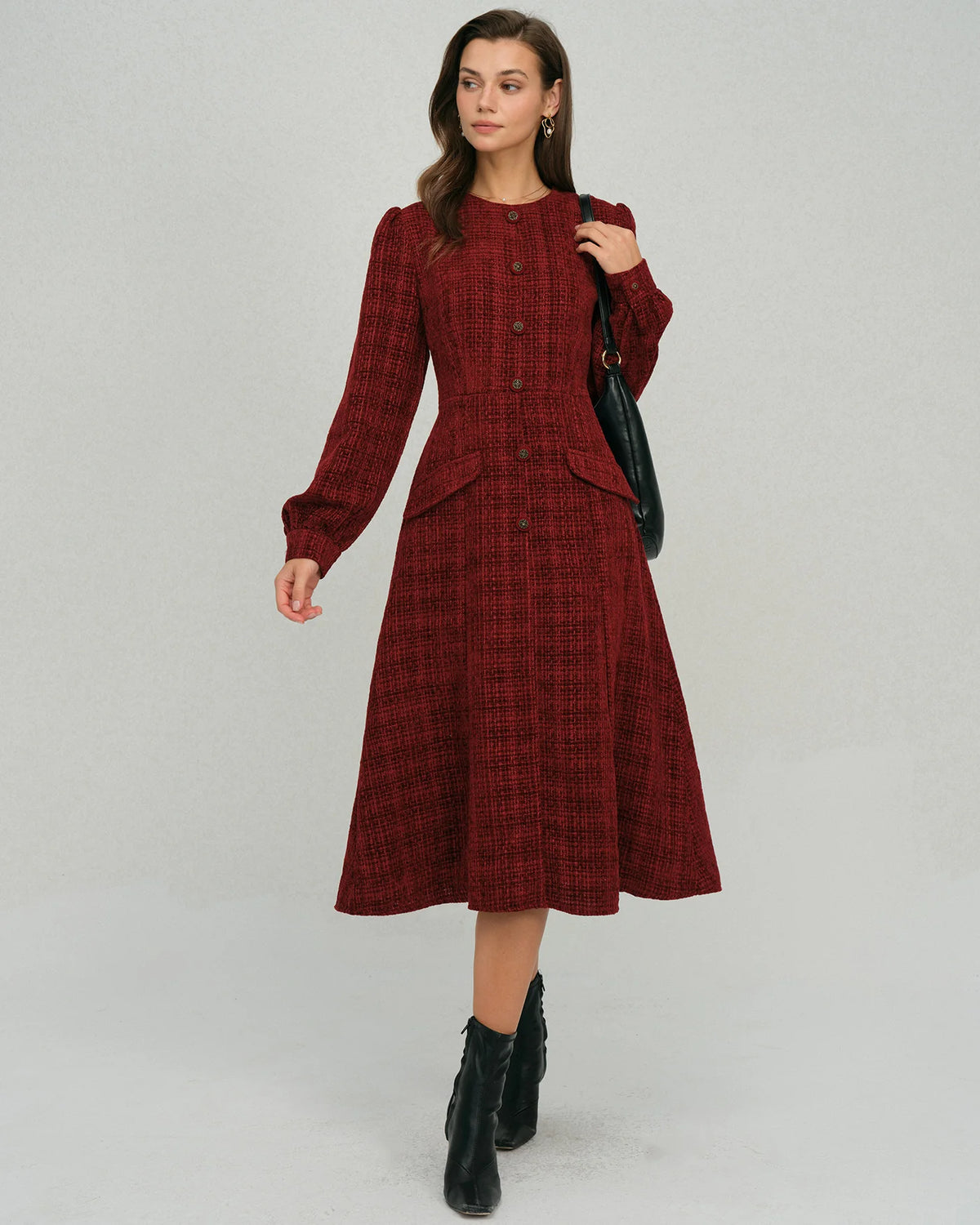 Red Lantern Sleeve A-Line Midi Dress