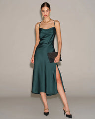 Green Satin Cowl Neck Slip Midi Dress
