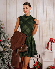 Green Plaid Mock Neck Sleeveless Mini Dress